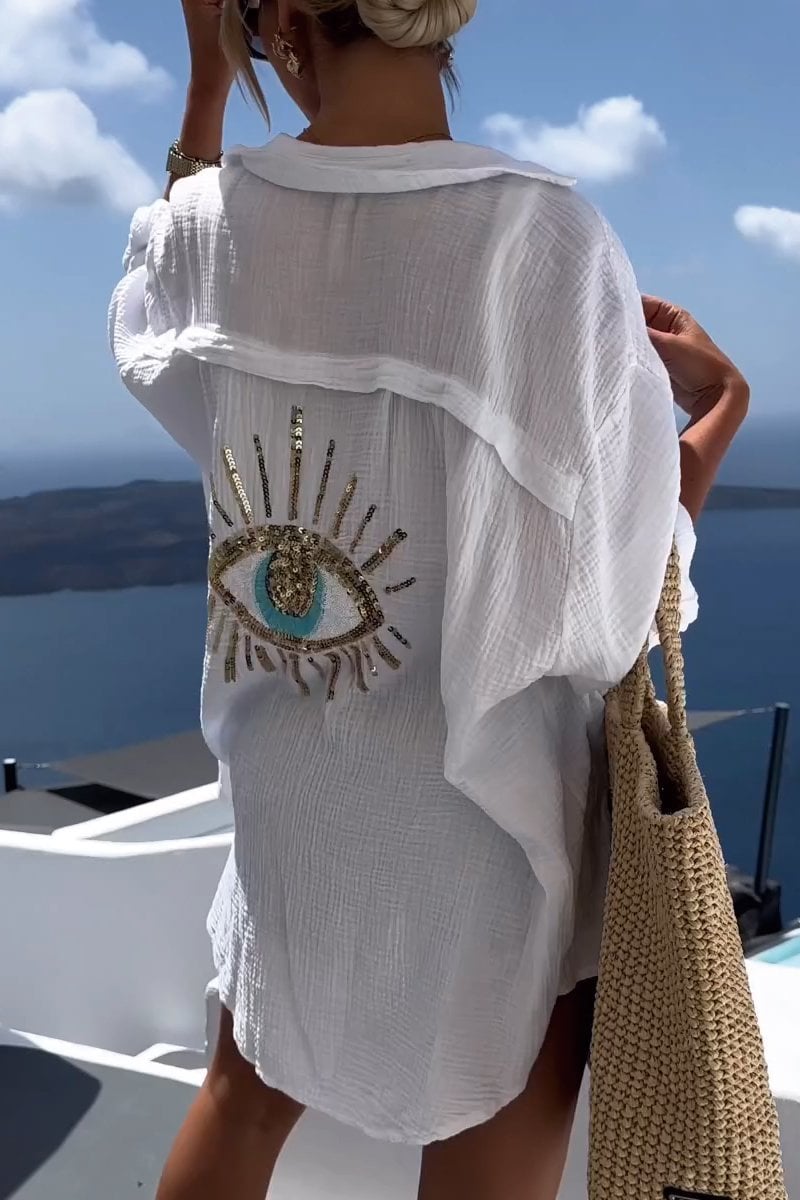 Santorini Evil Eye Sequin Cover-Up Shirt