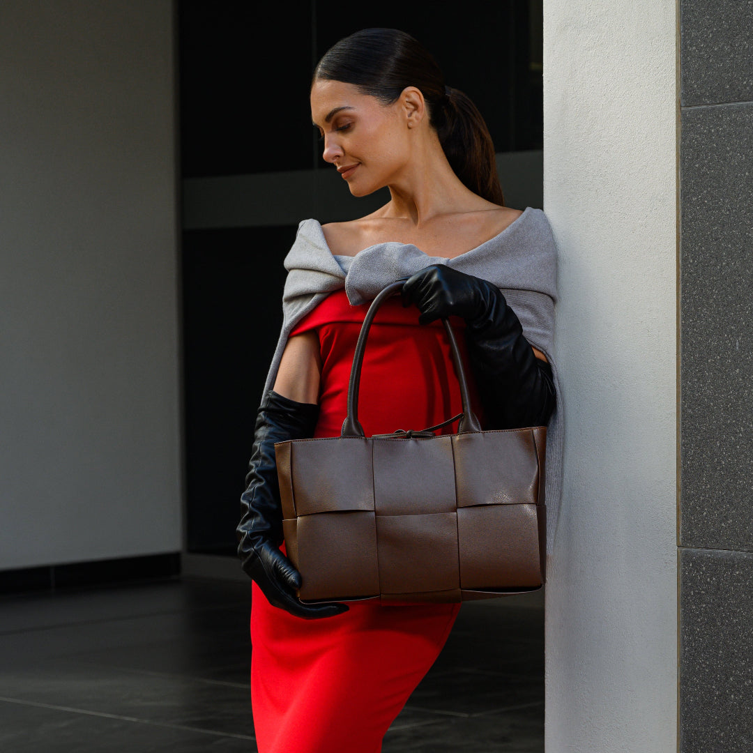Mocha Grid Panel Tote Bag – FIORENE