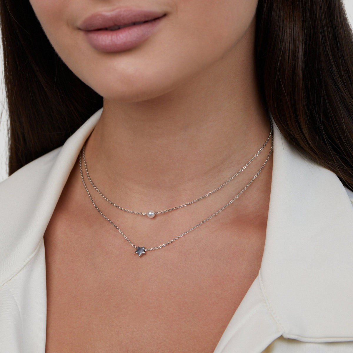 Silver Pearl & Star Layered Necklace – FIORENE
