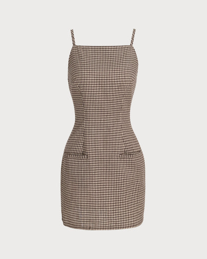 Brown Gingham Slip Mini Dress