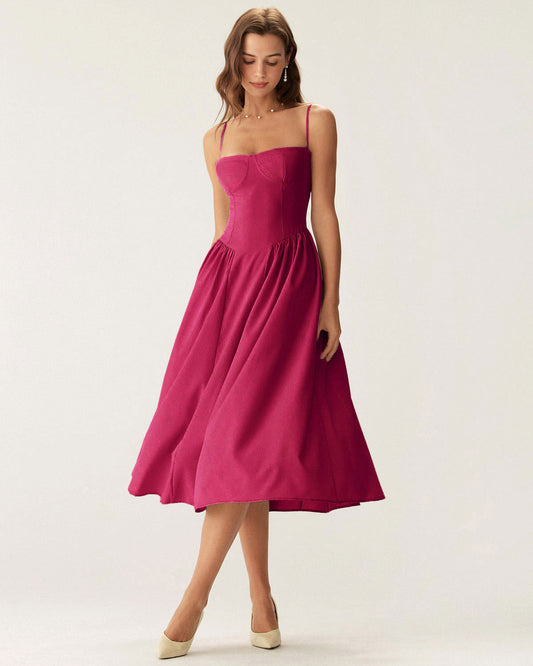Wine Red Square Neck Pocket Slip Midi Dress