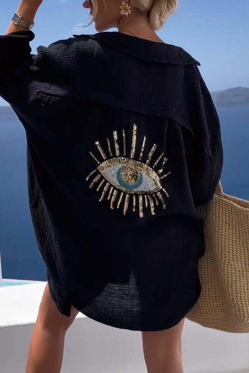 Santorini Evil Eye Sequin Cover-Up Shirt