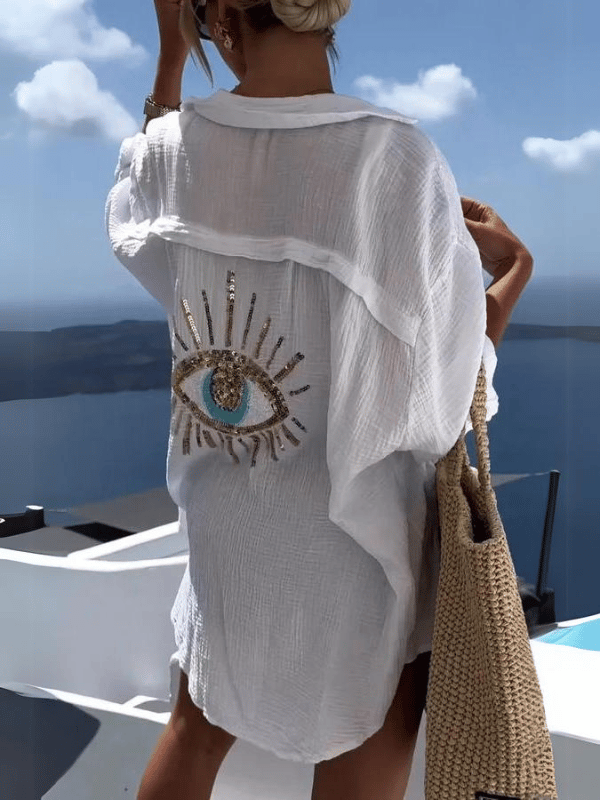 Santorini Evil Eye Sequin Cover-Up Shirt