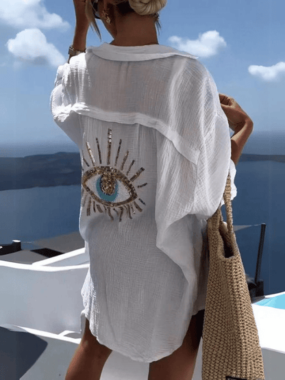 Santorini Evil Eye Sequin Cover-Up Shirt
