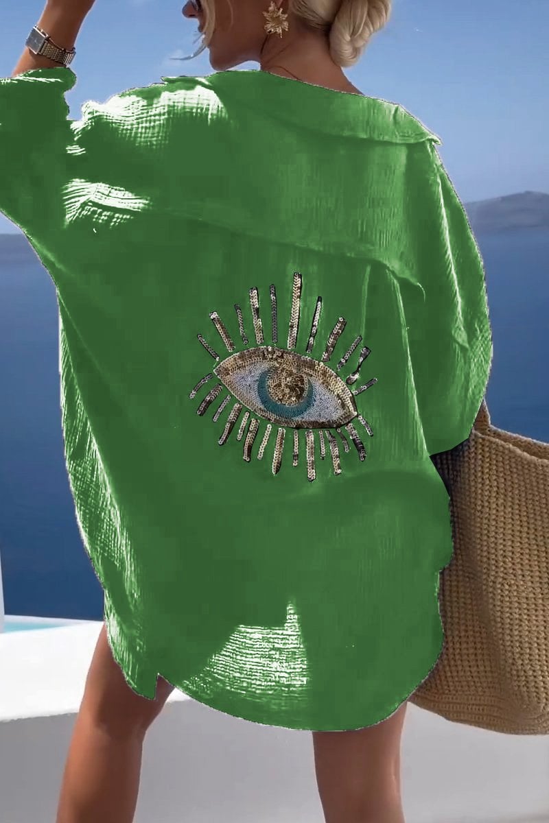 Santorini Evil Eye Sequin Cover-Up Shirt