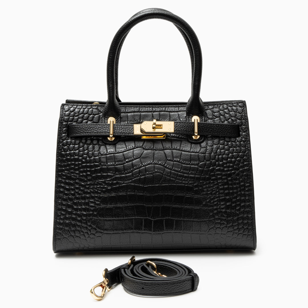 Noir Croco Lock Handbag – FIORENE