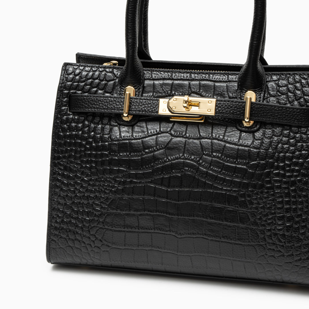 Noir Croco Lock Handbag – FIORENE