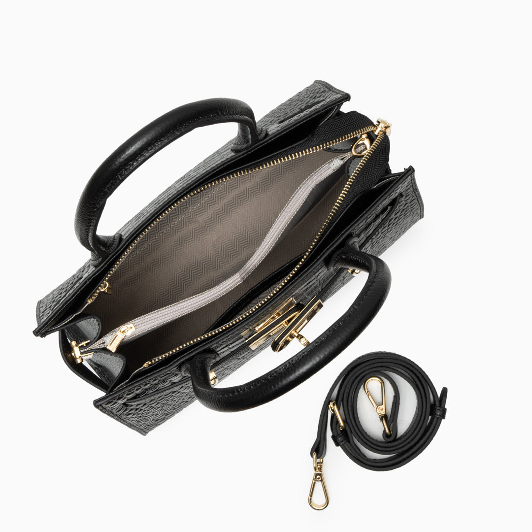Noir Croco Lock Handbag – FIORENE
