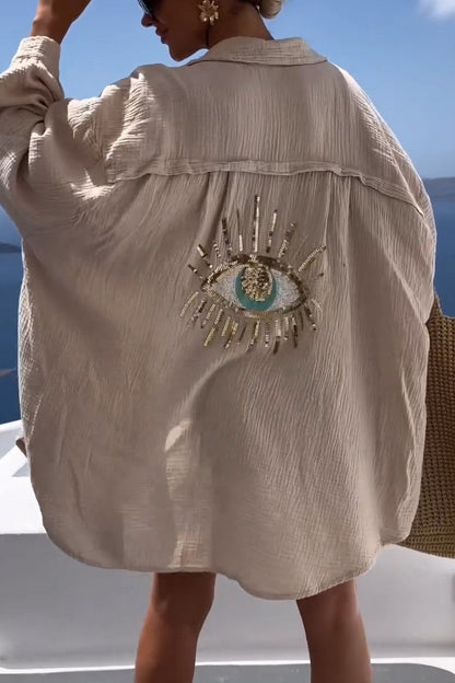 Santorini Evil Eye Sequin Cover-Up Shirt