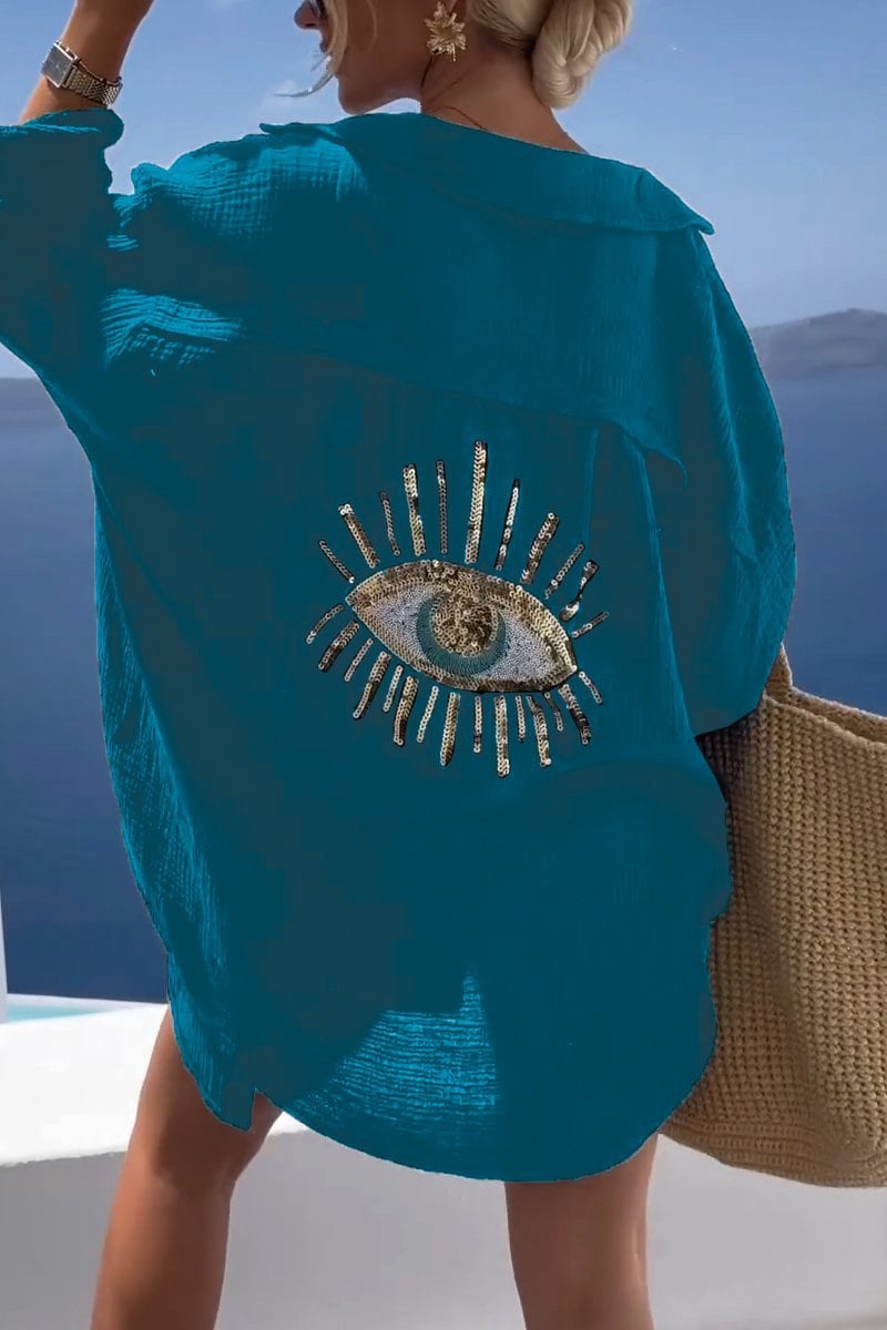 Santorini Evil Eye Sequin Cover-Up Shirt