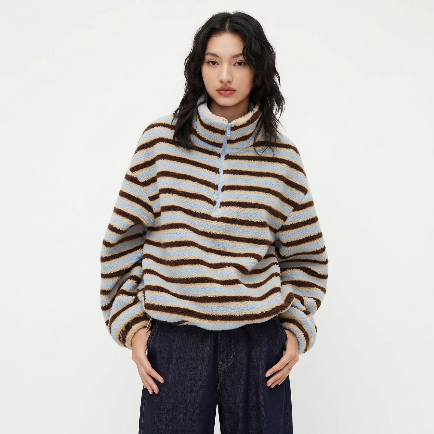 Striped Sherpa Half-Zip Pullover – FIORENE