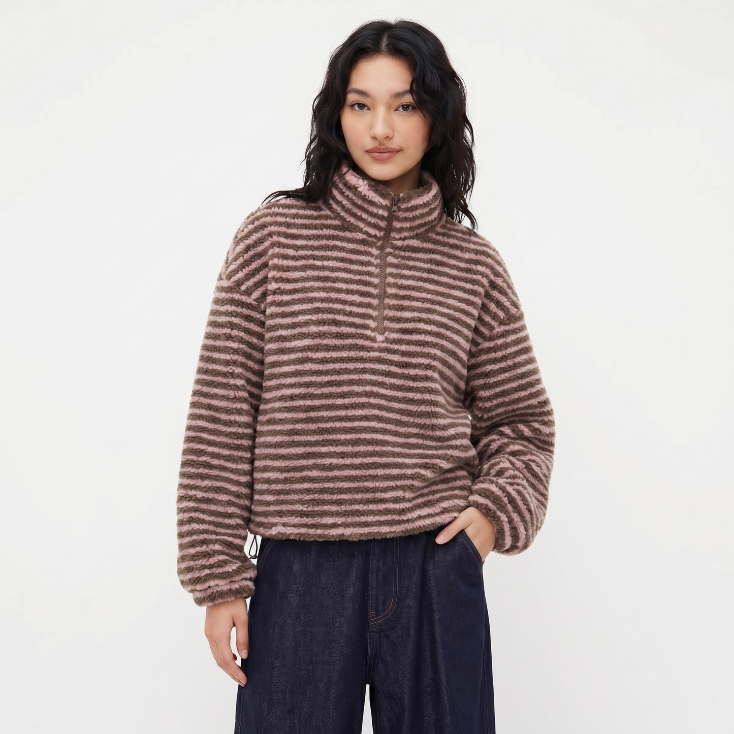 Striped Sherpa Half-Zip Pullover – FIORENE
