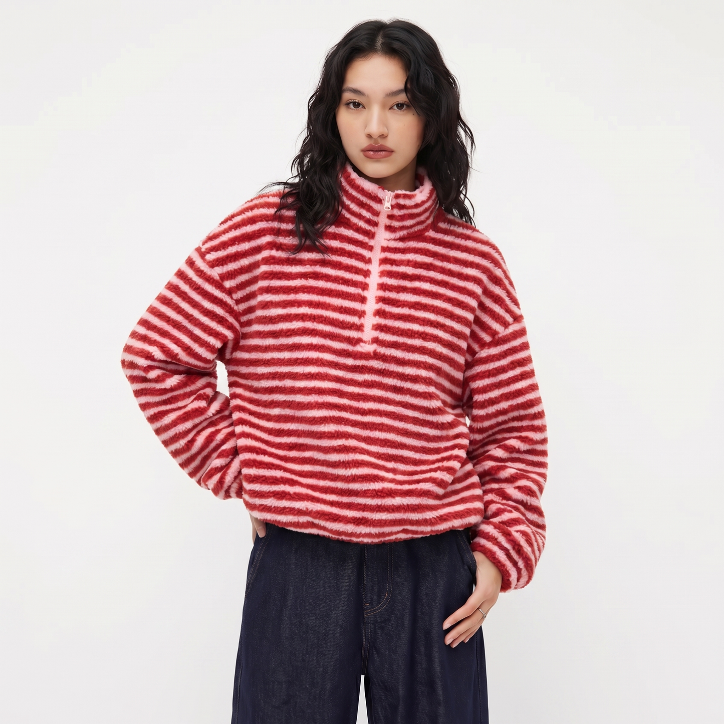 Striped Sherpa Half-Zip Pullover – FIORENE