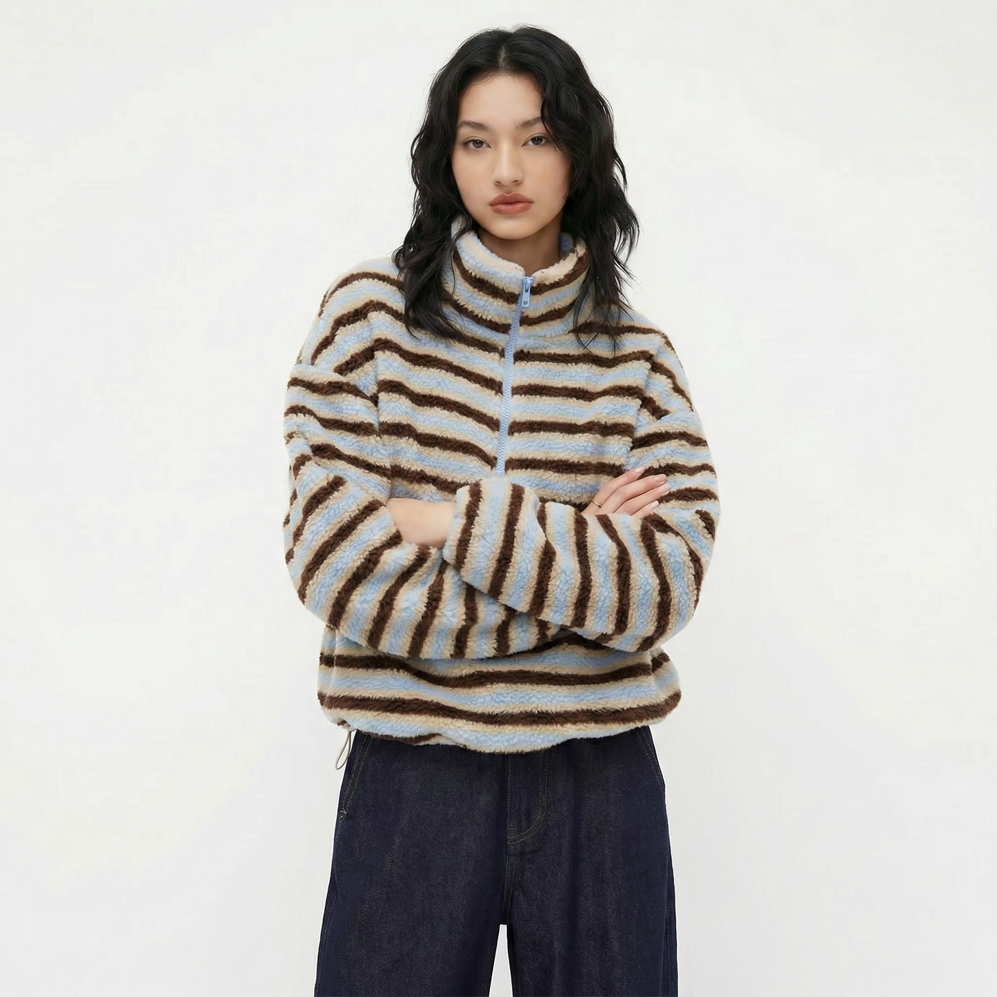 Striped Sherpa Half-Zip Pullover – FIORENE