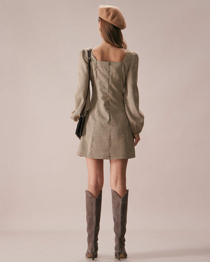 The Khaki Square Neck Plaid Button Mini Dress