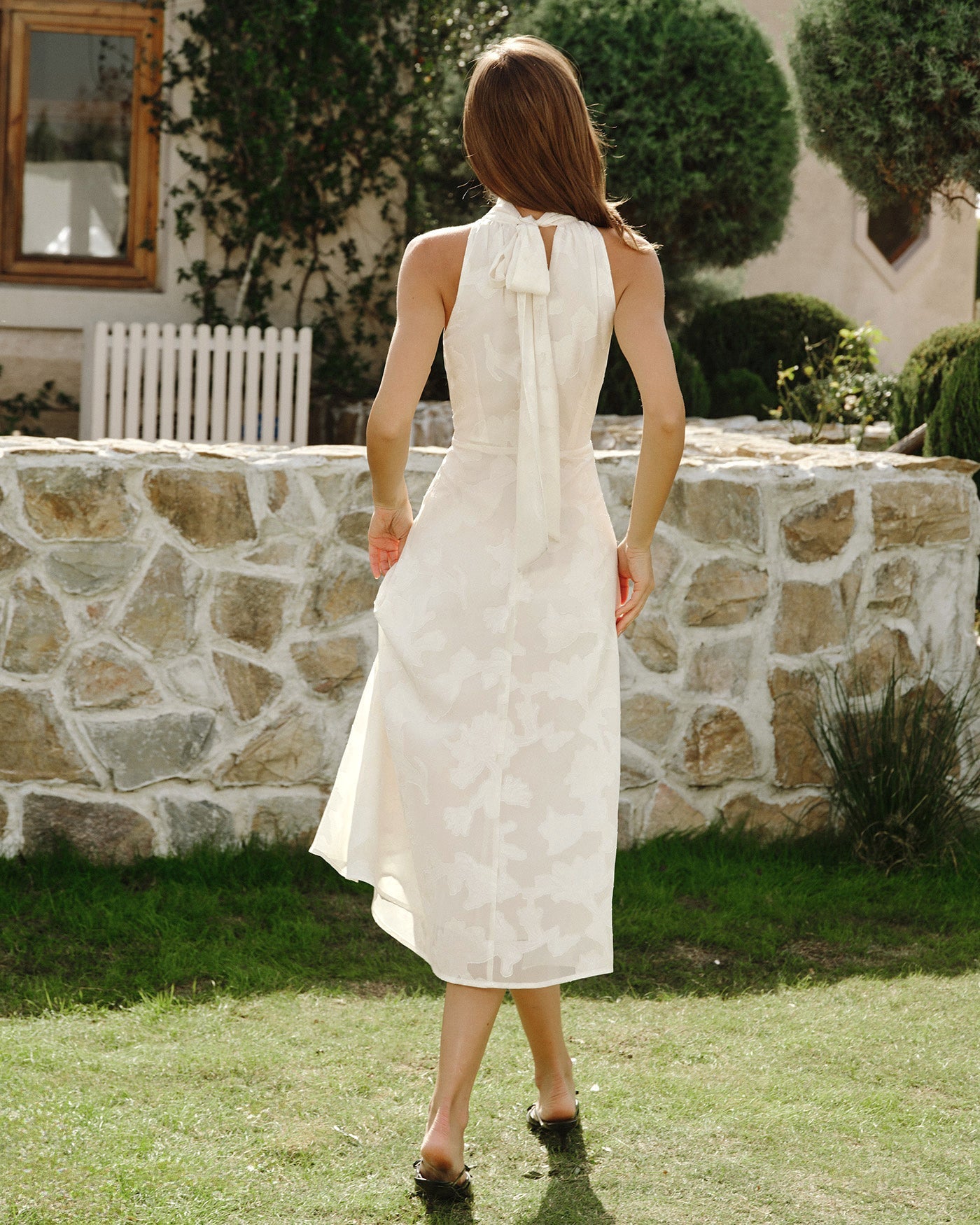 Beige Halter Floral Midi Dresses
