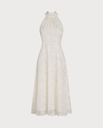 Beige Halter Floral Midi Dresses