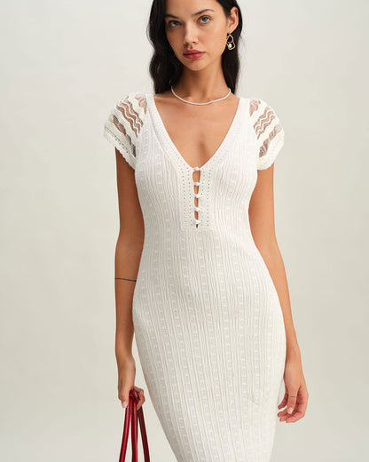 White Crochet Bodycon Sweater Dress