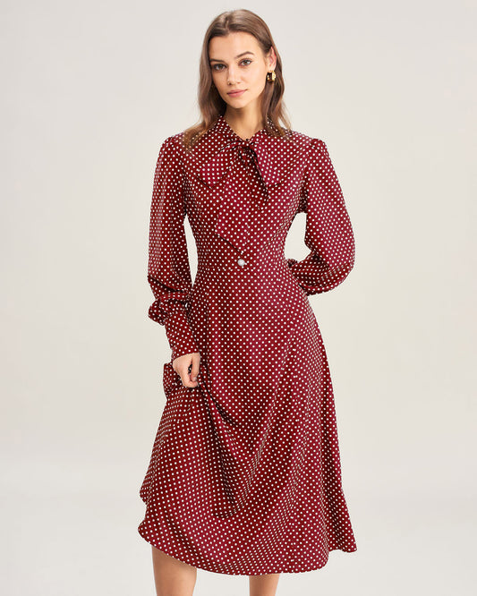 Wine Red Bishop Sleeve Polka Dot Midi Dress