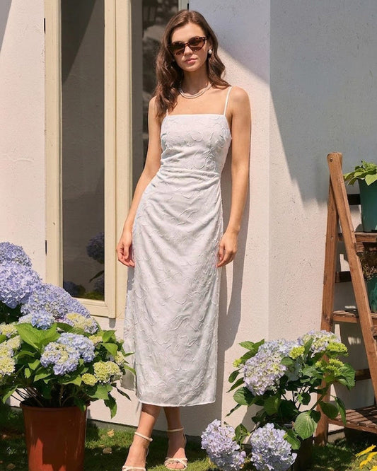White Jacquard Square Neck Maxi Dress