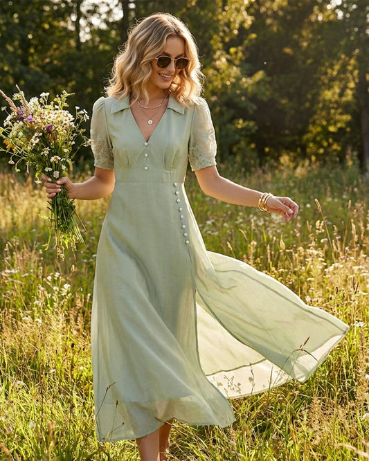 Green V Neck Button Maxi Dress