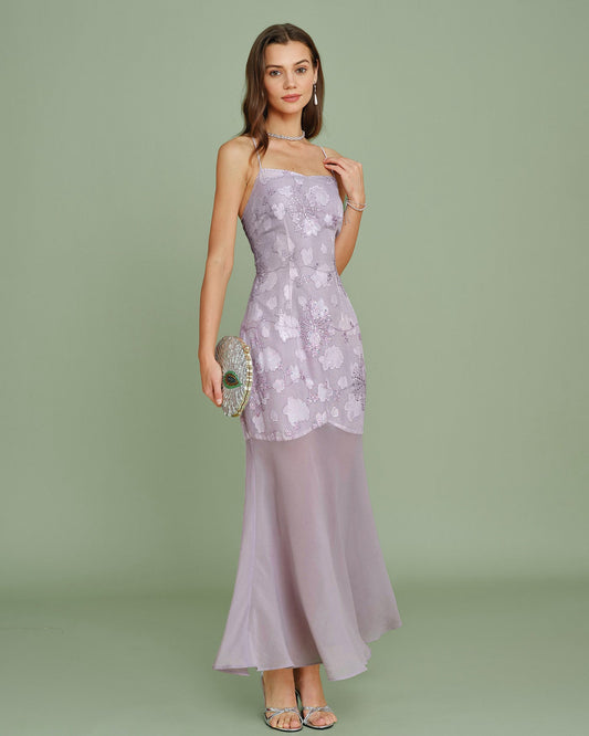 Purple Sequins Jacquard Slip Maxi Dress