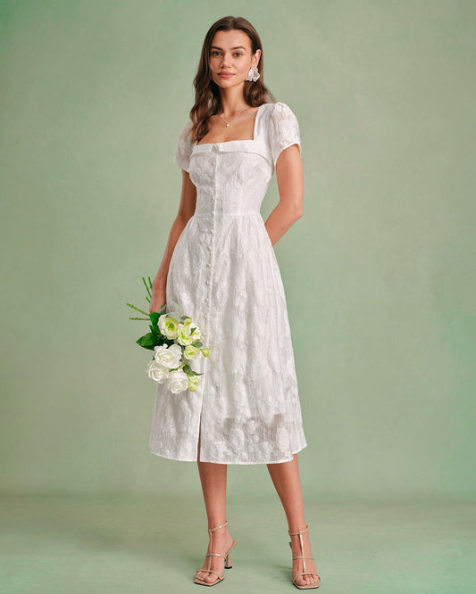 White Square Neck X Cross Midi Dress