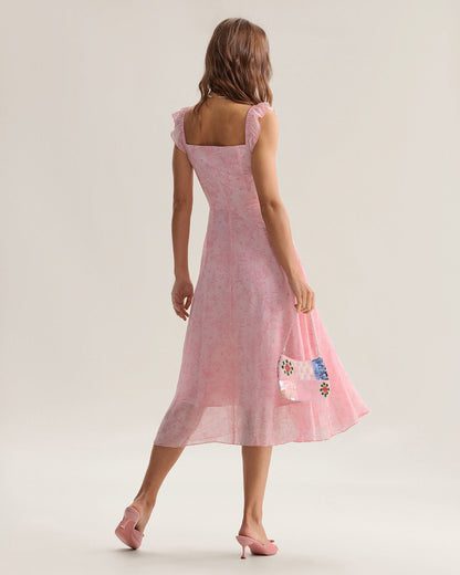 Pink Square Neck Ruffle Midi Dress