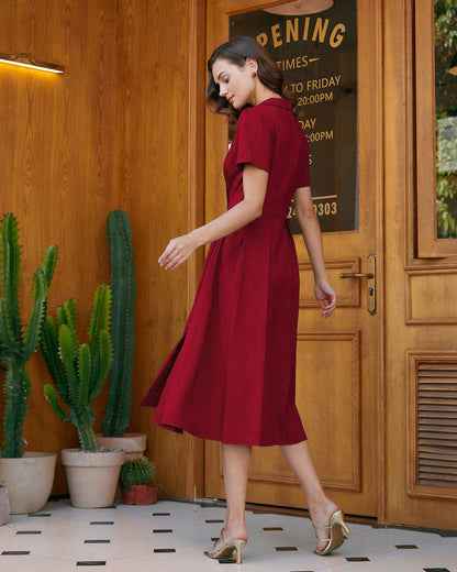 Red A-Line Pleated Button Midi Dress