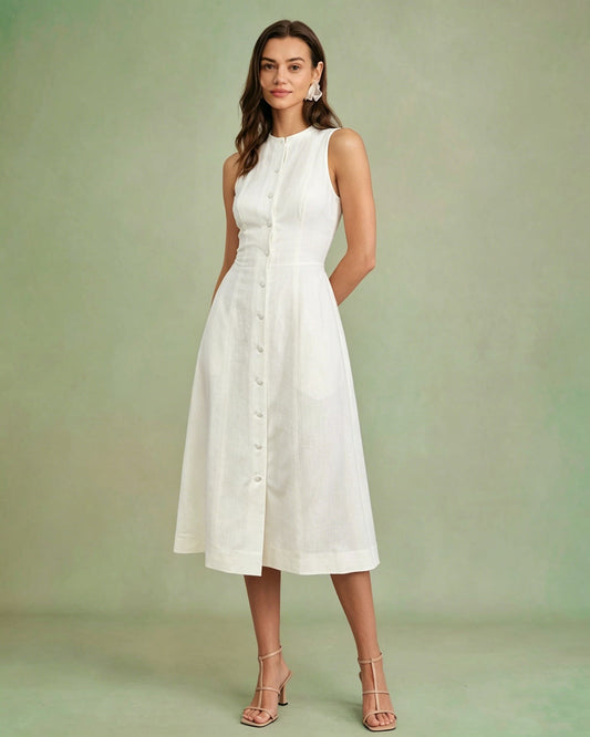 White Button Tie Tunic Midi Dress