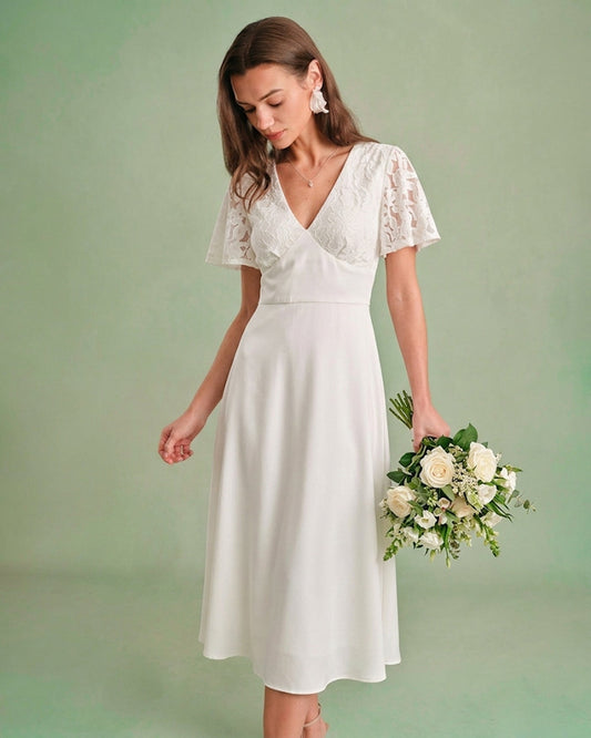 White Textured V-Neck Midi Dress