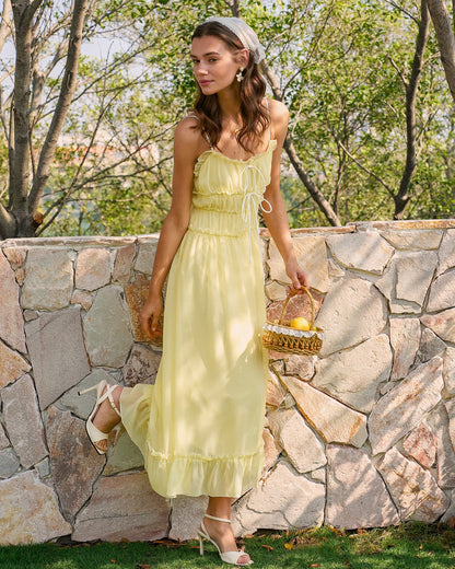 Yellow Sweetheart Neck Ruffle Midi Dress