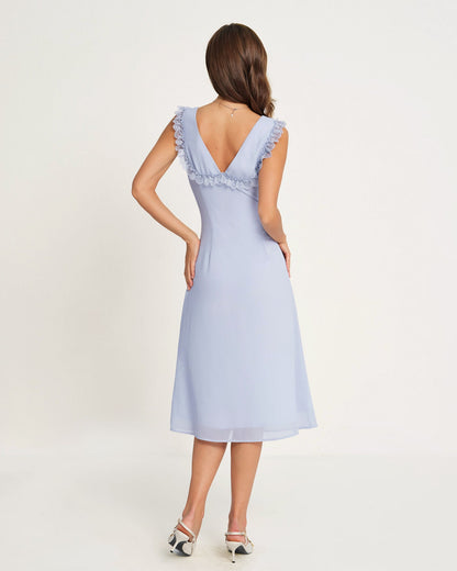 Blue V Neck Midi Dress
