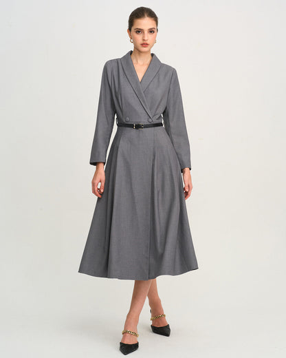 Grey Button A-Line Midi Dress