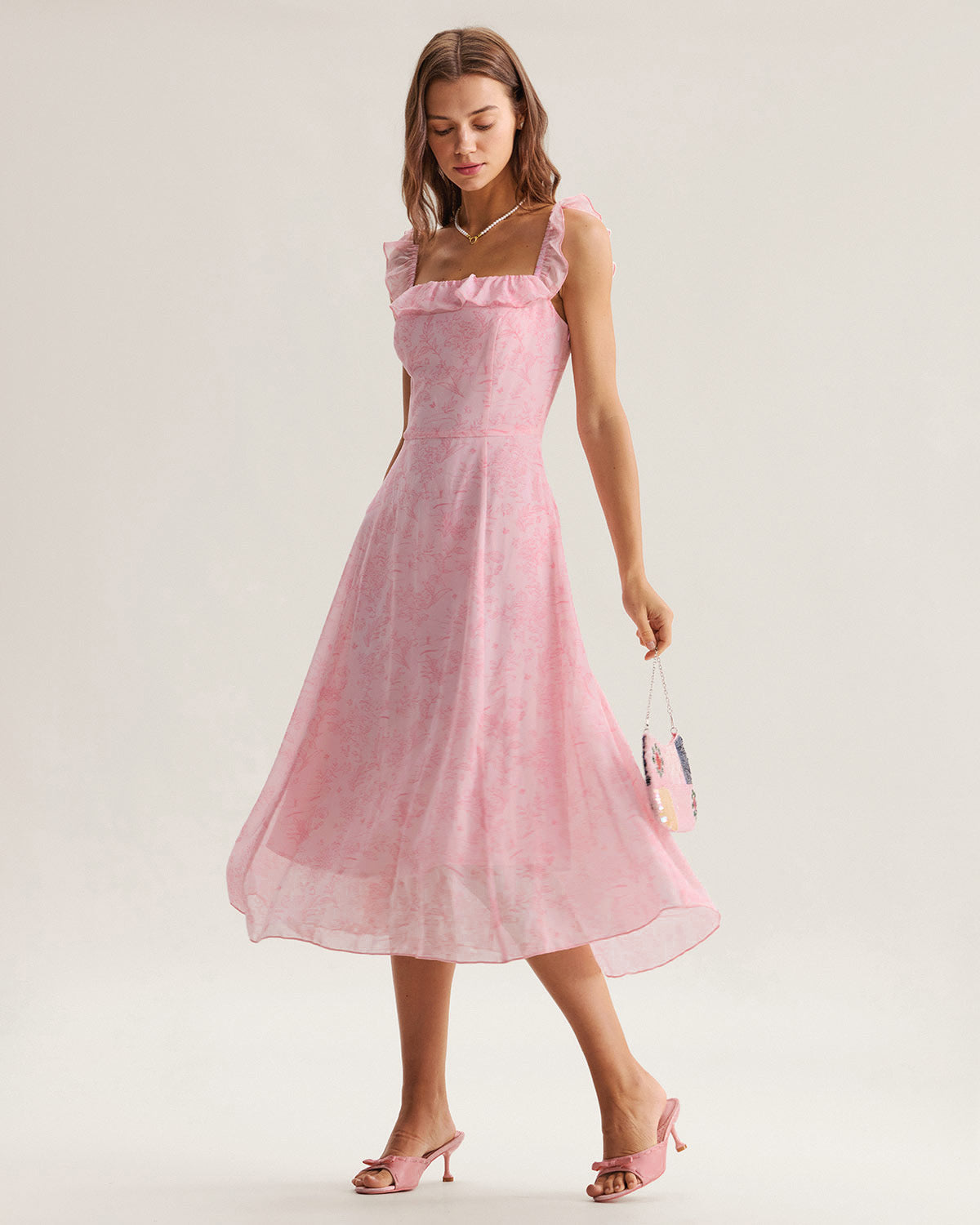 Pink Square Neck Ruffle Midi Dress