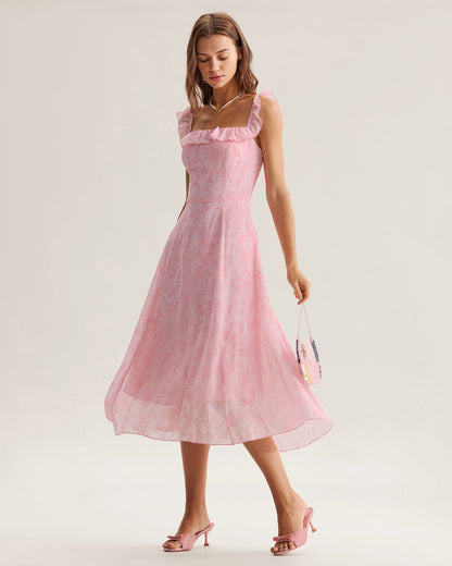 Pink Square Neck Ruffle Midi Dress