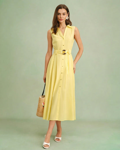 Yellow Collar Belt Button Midi Dress
