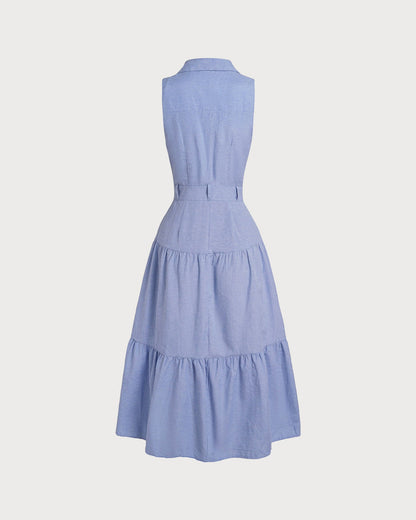 Blue V Neck Button Midi Dress