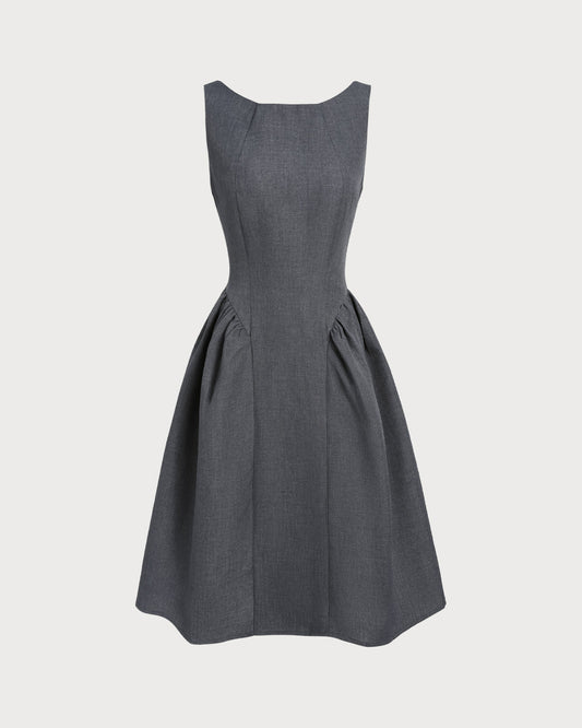 Grey Boat Neck Sleeveless Midi Dress