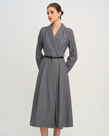 Grey Button A-Line Midi Dress