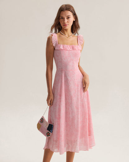 Pink Square Neck Ruffle Midi Dress