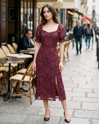 Wine Red Jacquard Slit Midi Dress