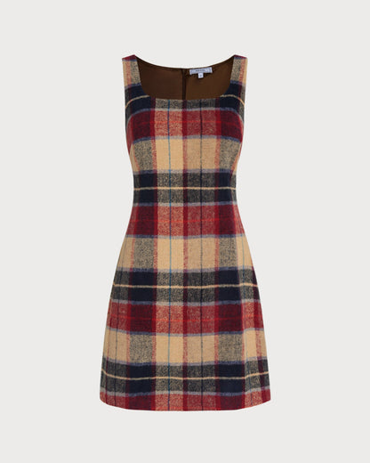 Red U Neck Plaid Mini Dress