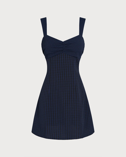Blue Sweetheart Neck Plaid Mini Dress