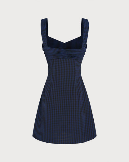 Blue Sweetheart Neck Plaid Mini Dress