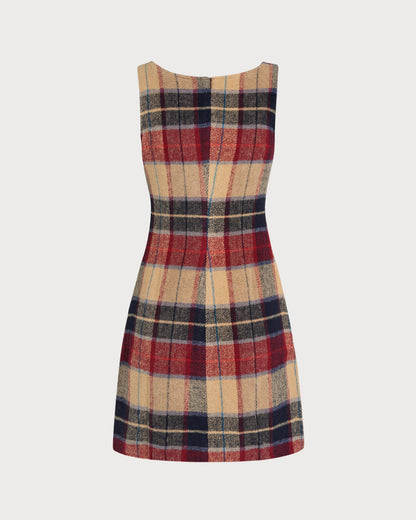 Red U Neck Plaid Mini Dress