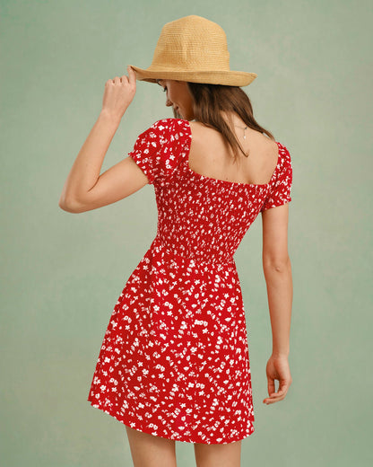 Red Square Neck Floral Mini Dress