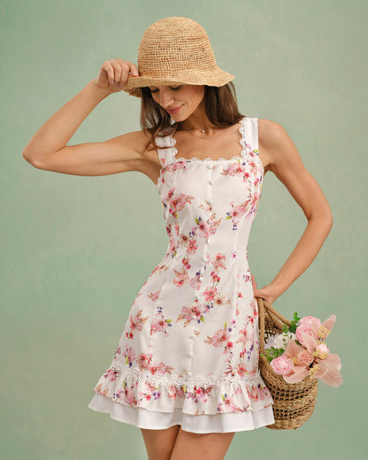 Floral Square Neck Button Mini Dress
