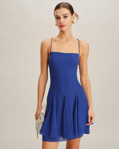 Blue Chiffon Backless Slip Mini Dress