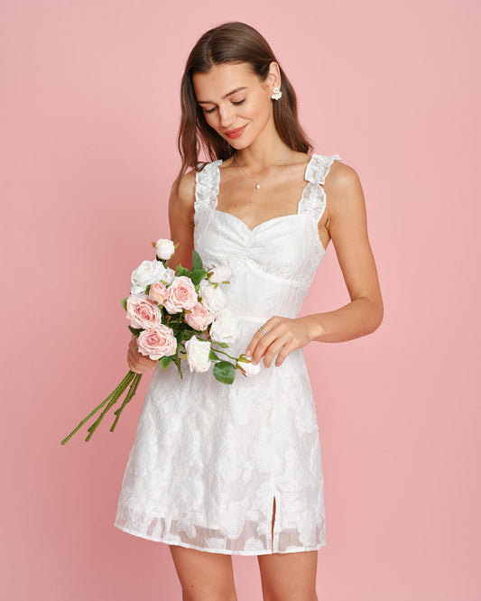 White Sweetheart Neck Jacquard Mini Dress